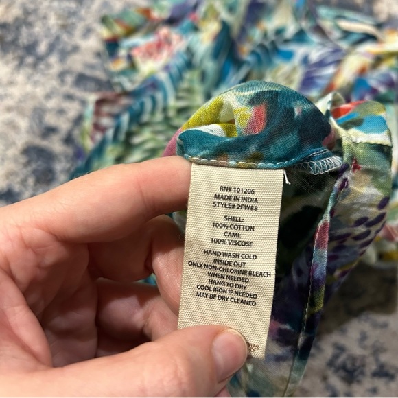 Soft Surroundings Anthea Multi-Color Hawaiian Palm Button Up Short Sleeve Blouse - Picture 6 of 10